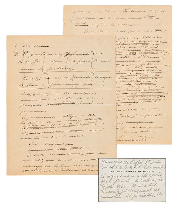 Manuscrit de l’Appel du 18 juin 1940 avec la carte d’Yvonne de Gaulle