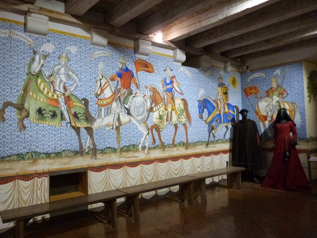 Peinture des Neuf Preux - reconstitution d'un décor peint à la manière du XVe siècle. Castelnaud. Crédit Thérèse Gaigé