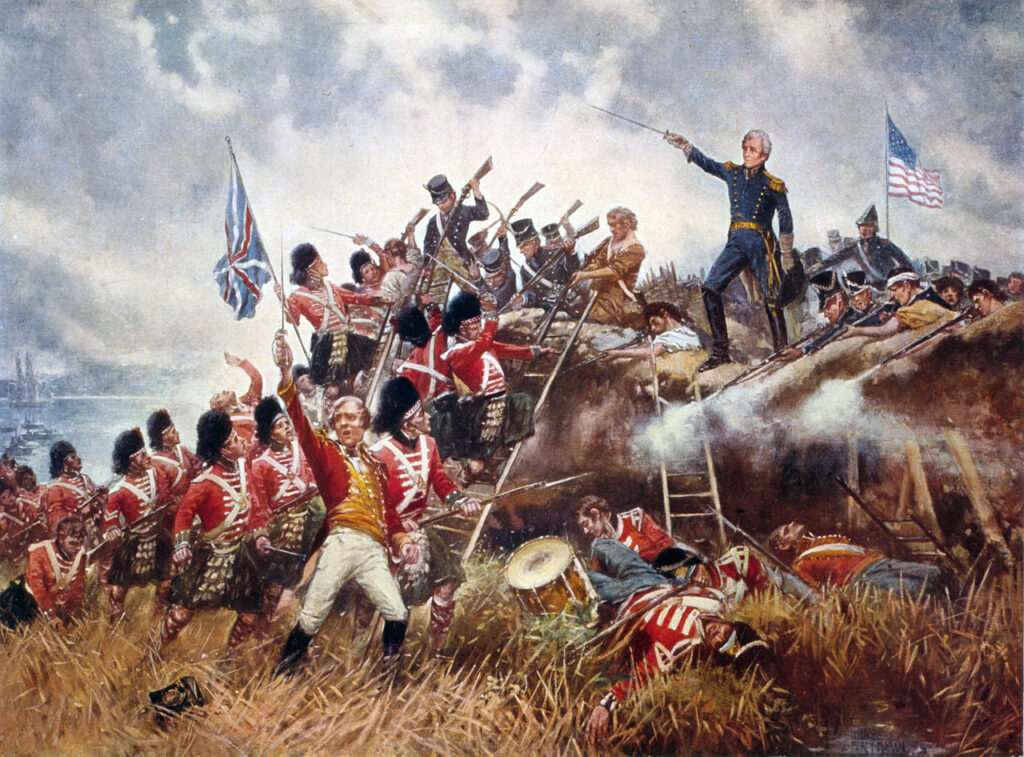 General Andrew Jackson stands on the parapet of his makeshift defenses as his troops repulse attacking Highlanders. (The Highlanders are incorrectly depicted wearing kilts and feather bonnets as the 93rd Highlanders for this campaign had been ordered to wear tartan trousers and plain bonnets - in fact the uniforms shown are more Victorian in style than Georgian. See, "Historical Records of the 93rd Sutherland Highlanders", Roderick Hamilton Burgoyne, London, 1883. 8 janvier
