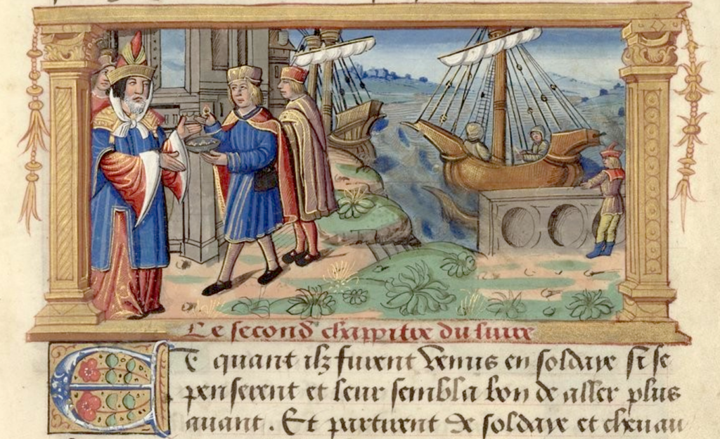 Arrivée des Polo à Boukhara. Miniature illustrant Le livre des voyages de Marco Polo (chap. 2), traduit par Robert Frescher (1475-1525). BNF