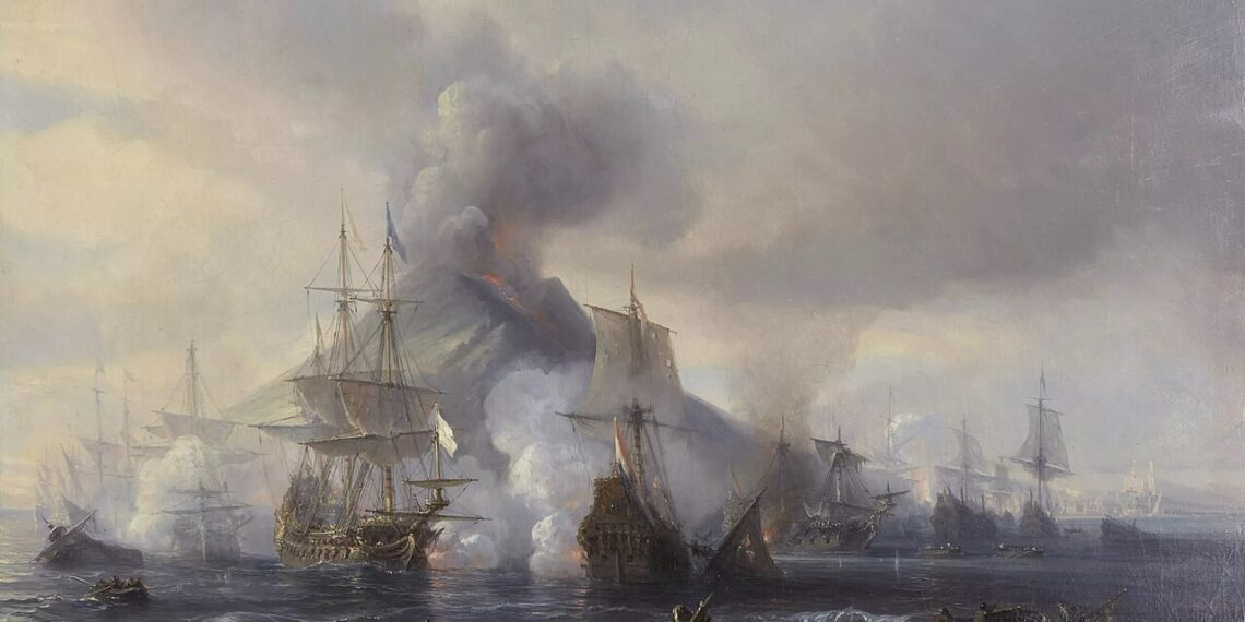The Battle of Alicudi Off Stromboli on 8 janvier 1676. Made by Jean Antoine Théodore Gudin. il on canvas, signed and dated '1845' (lower right), bears inscription 'Gudin 1845 / Combat naval en ... / Naples' (on an old label attached to the reverse of the stretcher), 59 x 81.2 cm.