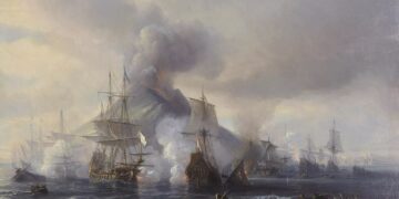 The Battle of Alicudi Off Stromboli on 8 janvier 1676. Made by Jean Antoine Théodore Gudin. il on canvas, signed and dated '1845' (lower right), bears inscription 'Gudin 1845 / Combat naval en ... / Naples' (on an old label attached to the reverse of the stretcher), 59 x 81.2 cm.